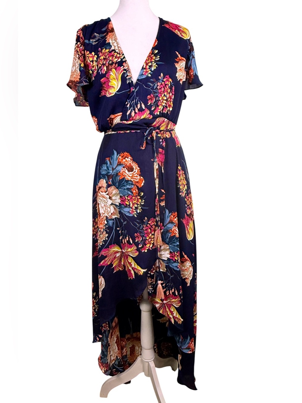 Aakaa Navy Floral High-Low Wrap Dress | Boho Fall Wedding Guest Maxi S - Picture 2 of 11